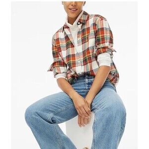 J Crew Factory Ivory Red Plaid Flannel Button Down Size Petite Small